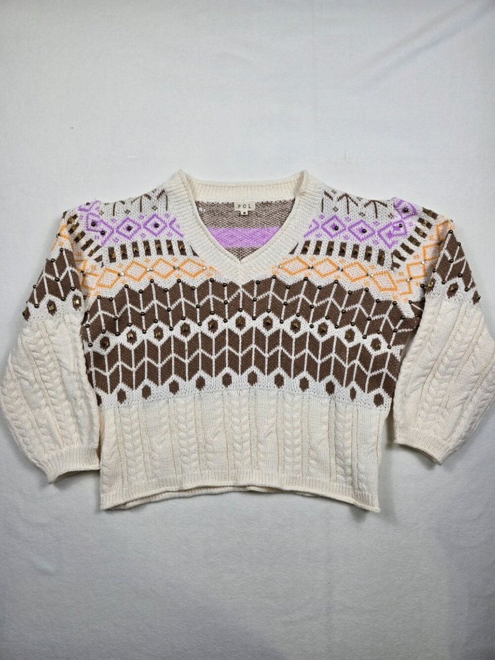 Anthropologie Pol Small Sweater V-Neck Multicolored Chevron Cable Knit Soft